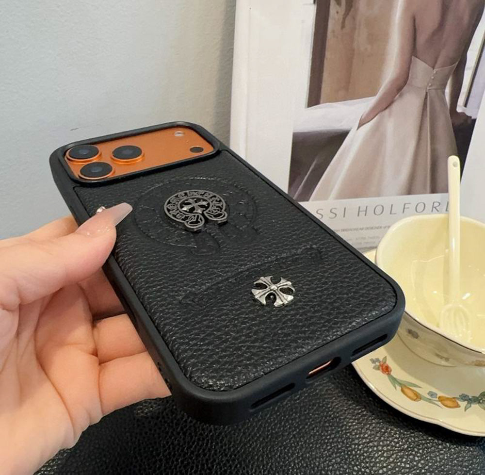 Leather Chrome Heart Iphone Case For 13-17 / Pro / Pro Max