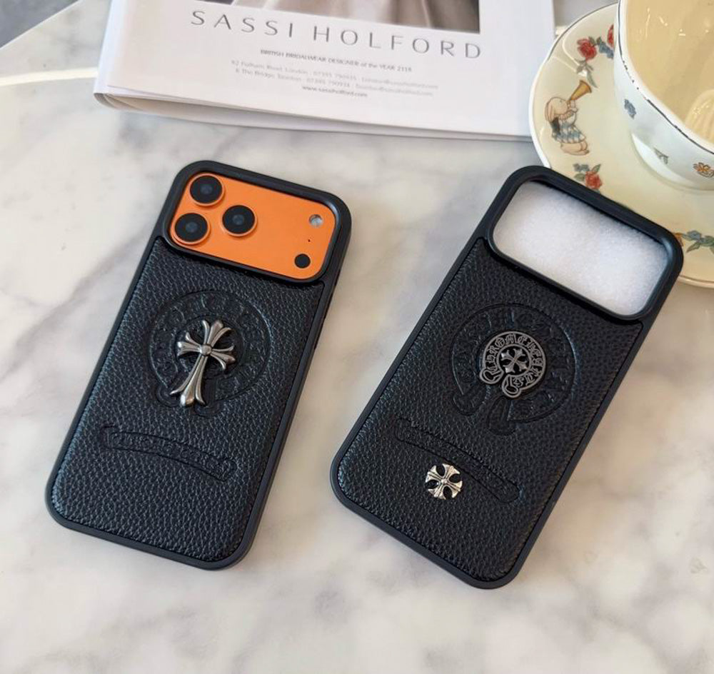 Leather Chrome Heart Iphone Case For 13-17 / Pro / Pro Max