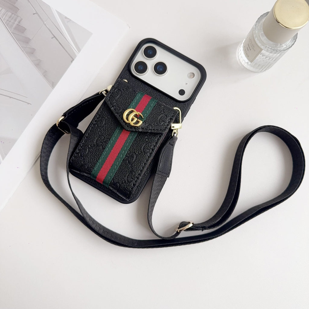 Black Leather Crossbody Designer Iphone 17 Phone Case