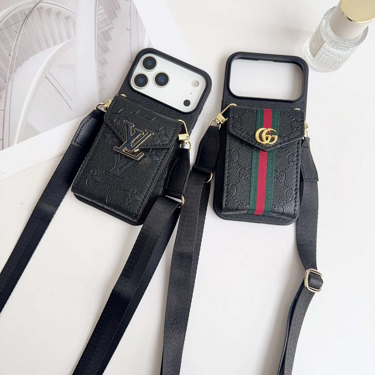 Black Leather Crossbody Designer Iphone 17 Phone Case