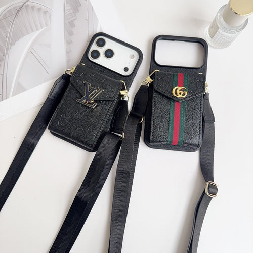 Black Leather Crossbody Designer Iphone 17 Phone Case