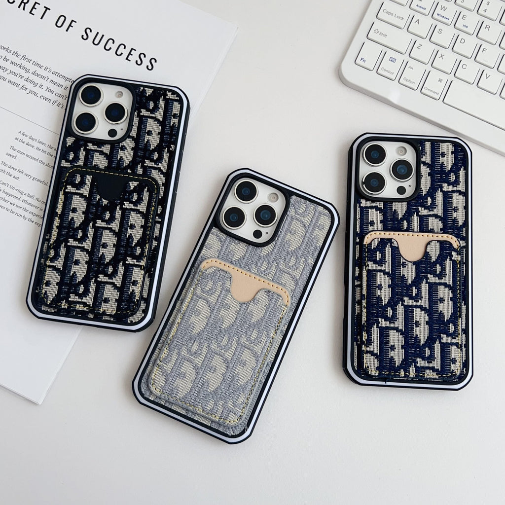 Dior Fabric Iphone Case Card Slot For 12 -16 Pro Max Plus