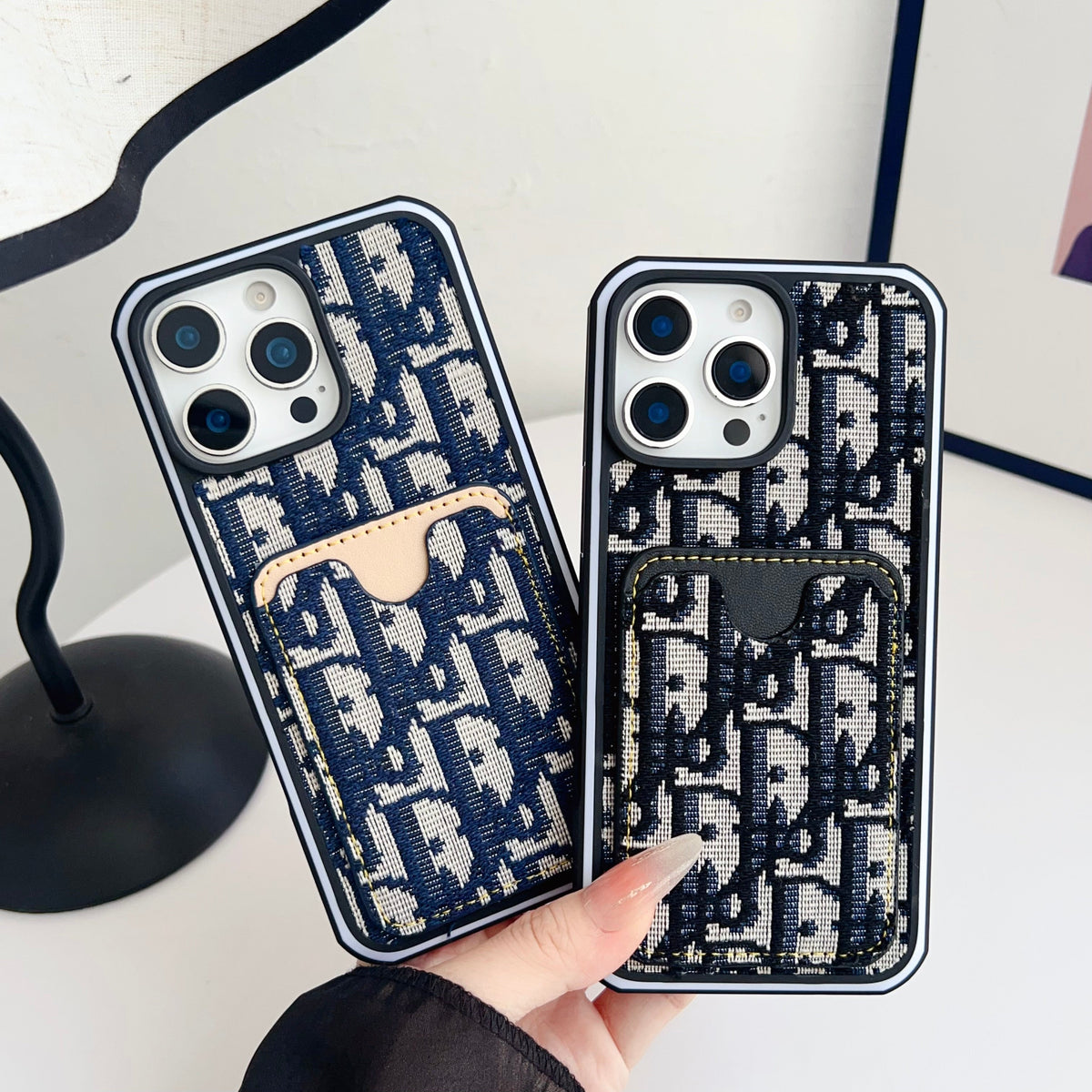Dior Fabric Iphone Case Card Slot For 12 -16 Pro Max Plus