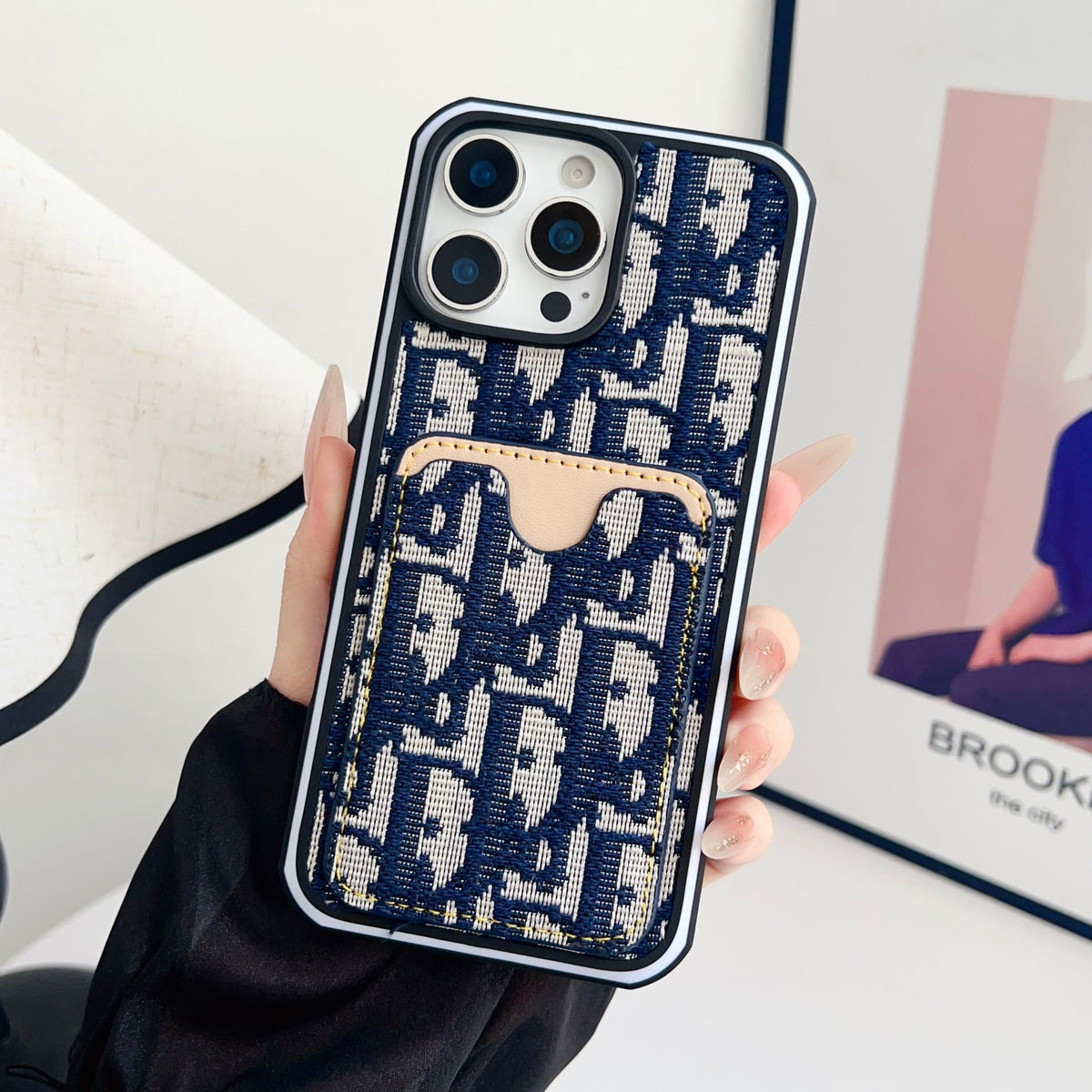 Dior Fabric Iphone Case Card Slot For 12 -16 Pro Max Plus