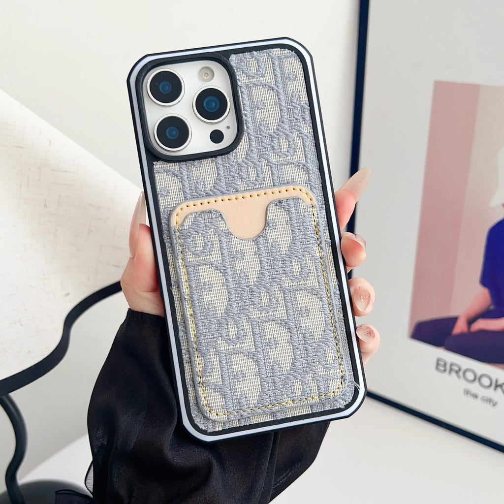 Dior Fabric Iphone Case Card Slot For 12 -16 Pro Max Plus