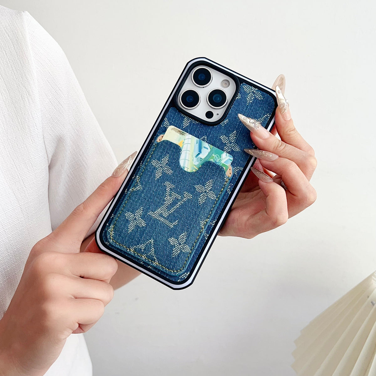 Fabric Lv Iphone Case Card Slot For 12-16 Pro Max