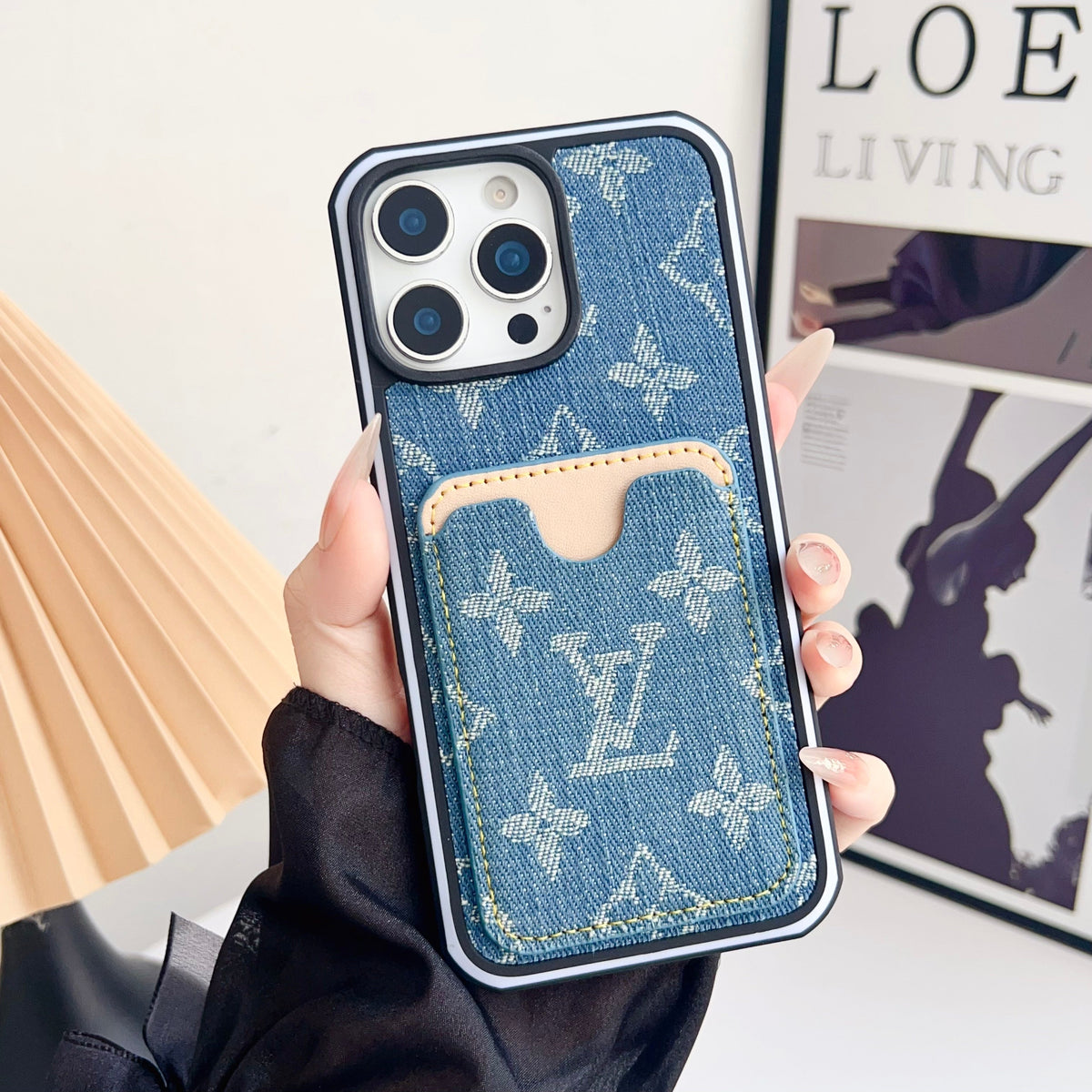 Fabric Lv Iphone Case Card Slot For 12-16 Pro Max