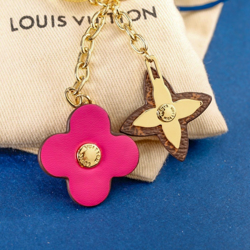 Reverse of pink floral keychain with gold-tone studs