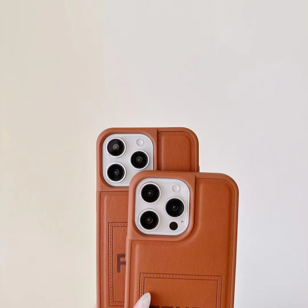 Fendi Phone Case Brown Leather For Iphone 13 14 15 16 Pro Max Plus Series
