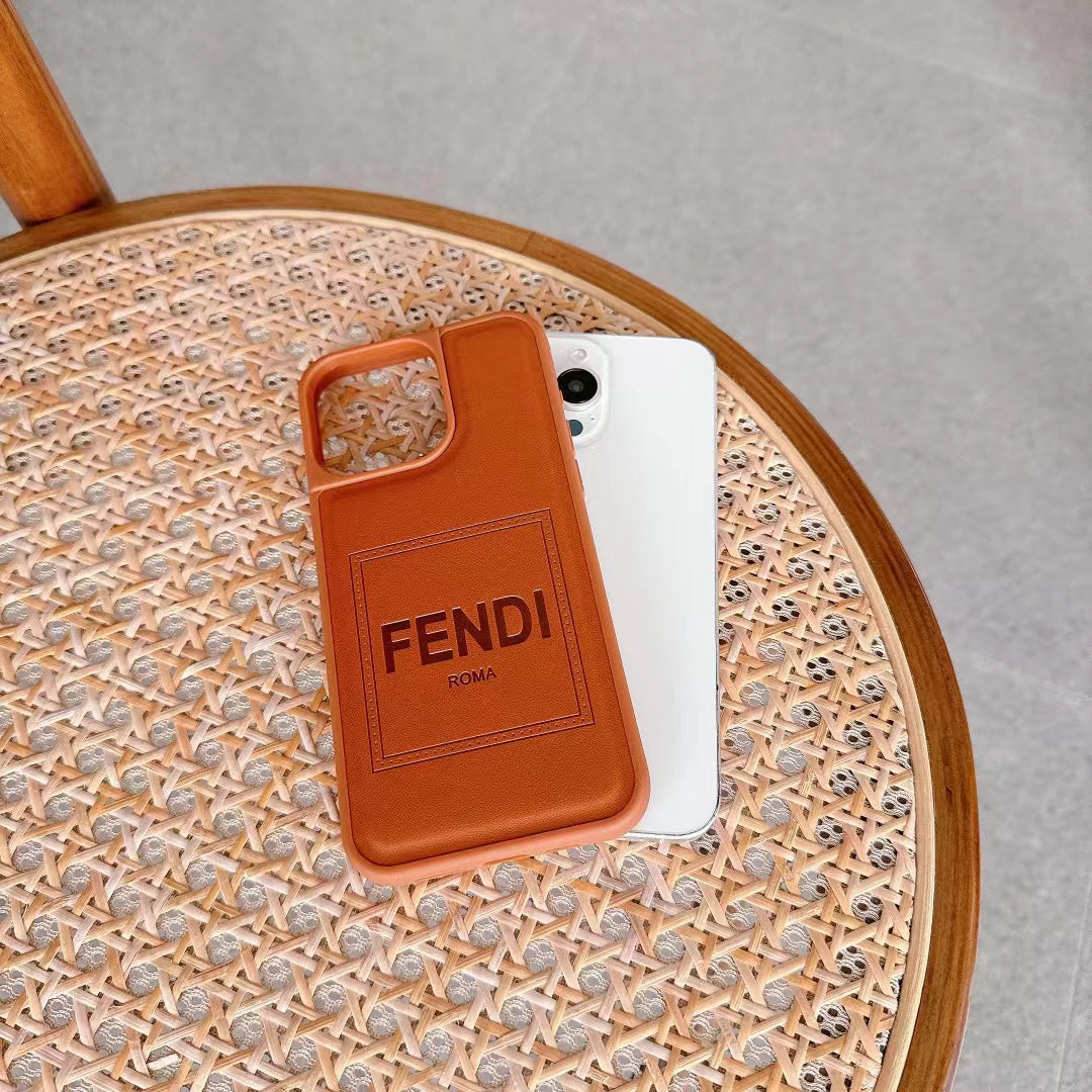 Fendi Phone Case Brown Leather For Iphone 13 14 15 16 Pro Max Plus Series