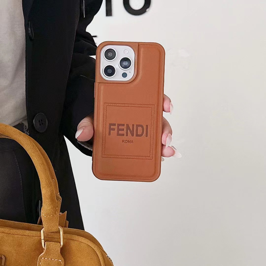 Fendi Phone Case Brown Leather For Iphone 13 14 15 16 Pro Max Plus Series