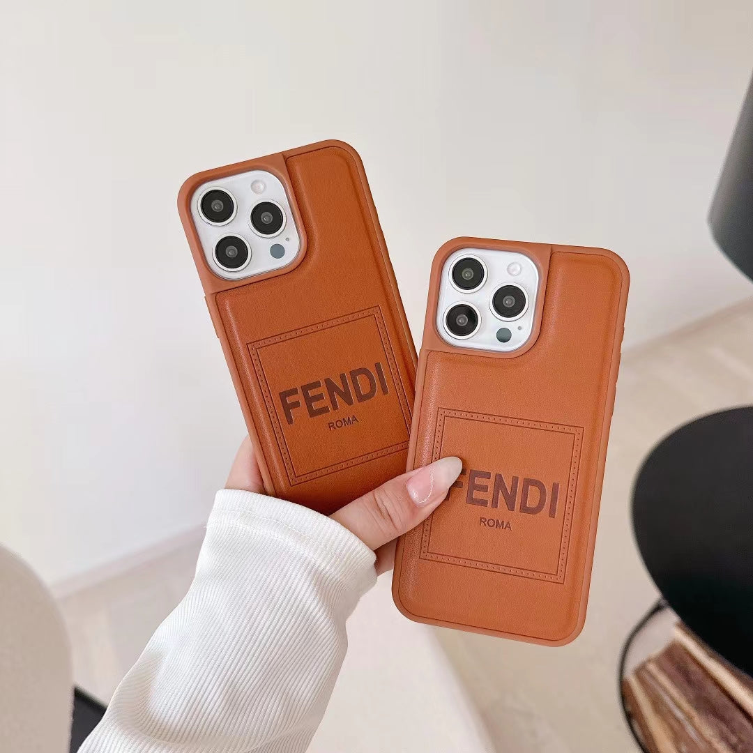 Fendi Phone Case Brown Leather For Iphone 13 14 15 16 Pro Max Plus Series