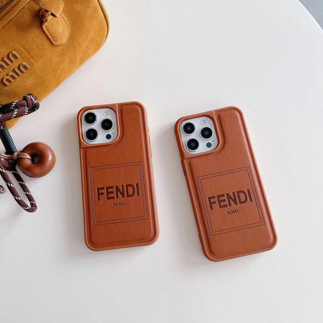Fendi Phone Case Brown Leather For Iphone 13 14 15 16 Pro Max Plus Series