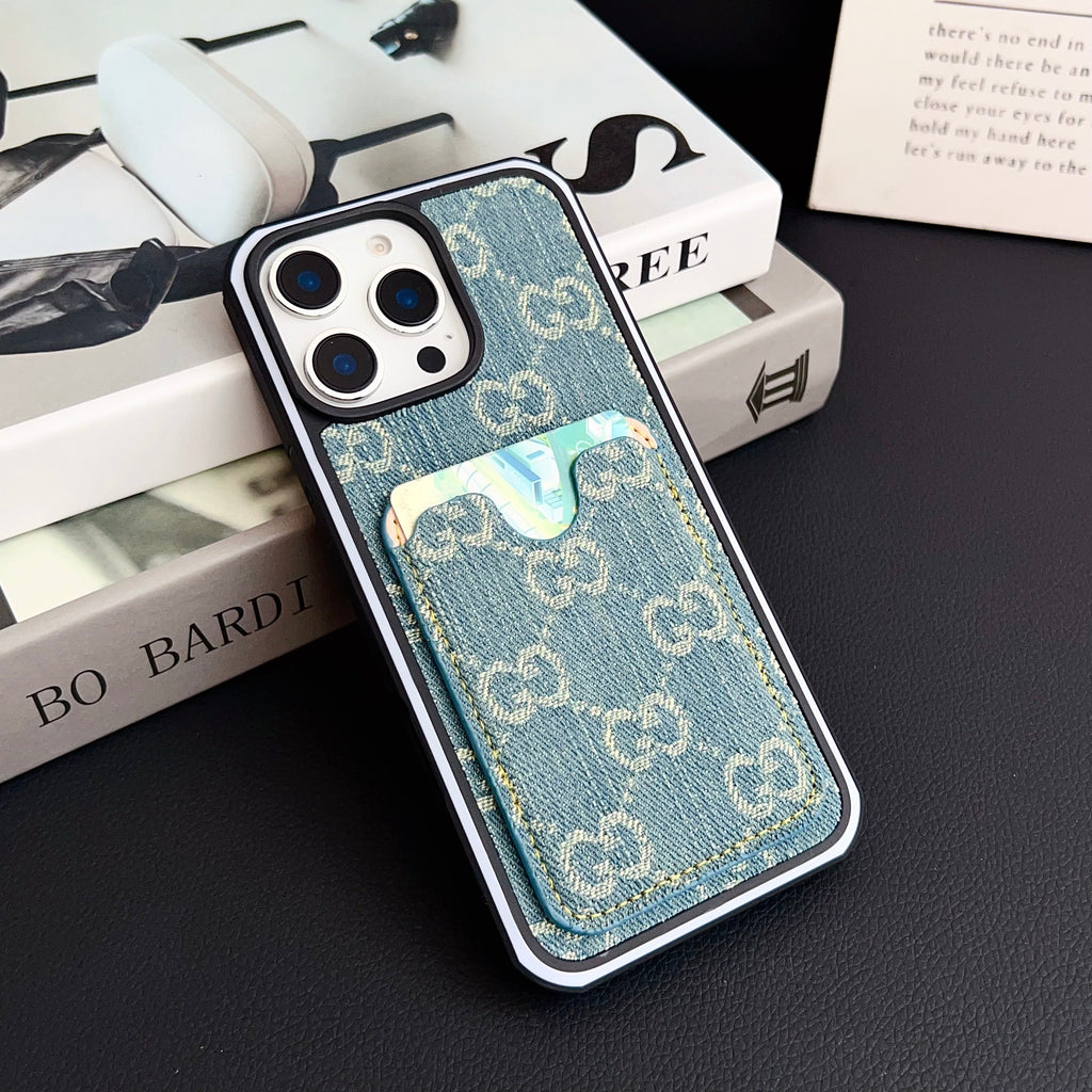 Gg Card Slot Denim Iphone Case For 12-16 Pro Max