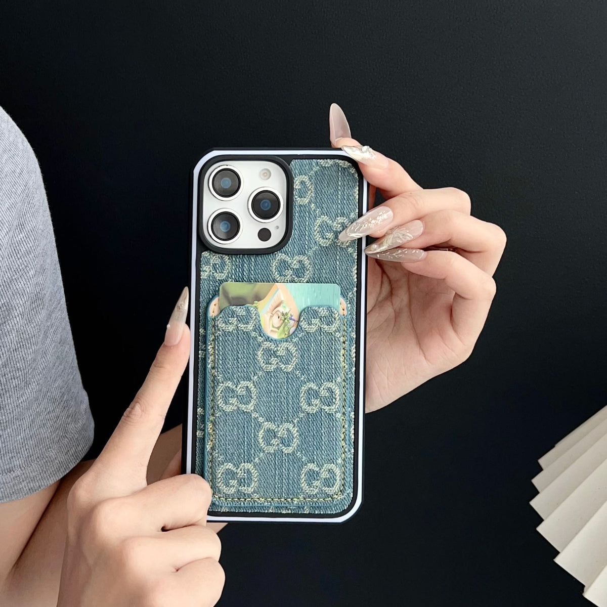 Gg Card Slot Denim Iphone Case For 12-16 Pro Max