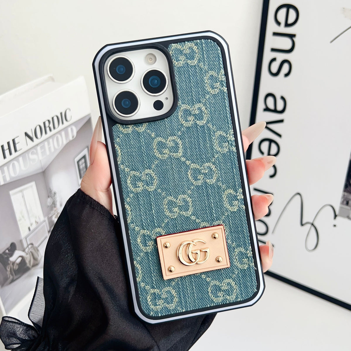 Gg Denim Iphone Case For 12-16 Pro Max