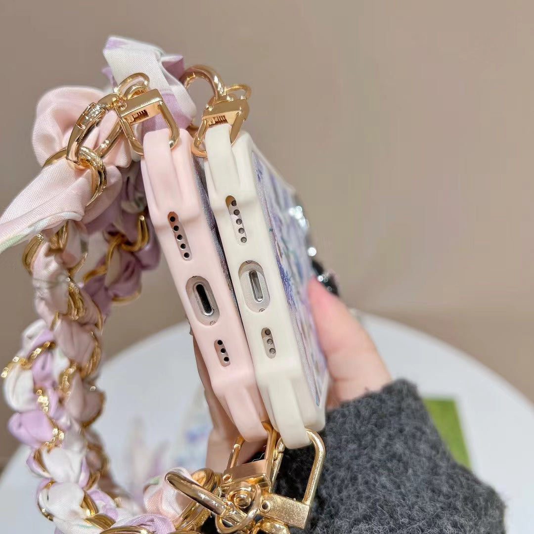 Gg Iphone Case Flower 3D Pattern Silk Chain For Iphone 12 13 14 15 Pro Max Plus