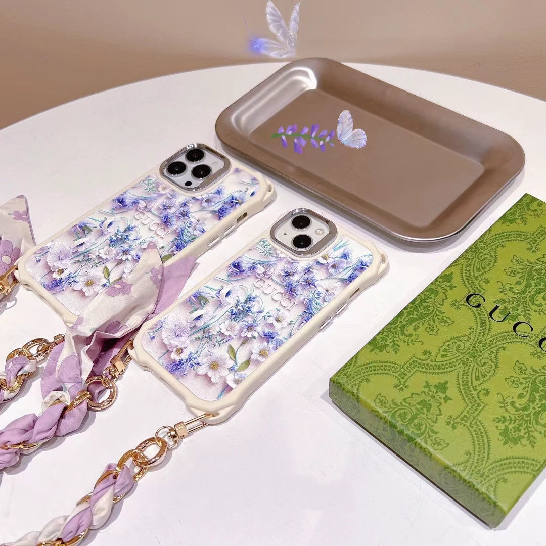 Gg Iphone Case Flower 3D Pattern Silk Chain For Iphone 12 13 14 15 Pro Max Plus