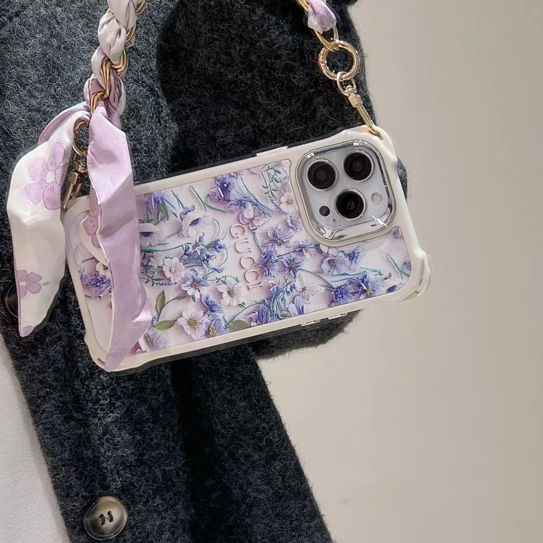 Gg Iphone Case Flower 3D Pattern Silk Chain For Iphone 12 13 14 15 Pro Max Plus