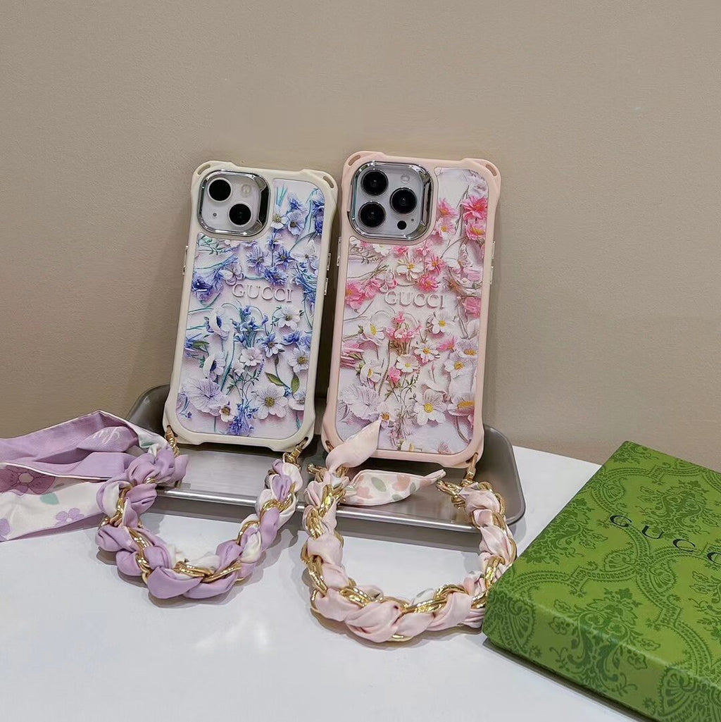 Gg Iphone Case Flower 3D Pattern Silk Chain For Iphone 12 13 14 15 Pro Max Plus
