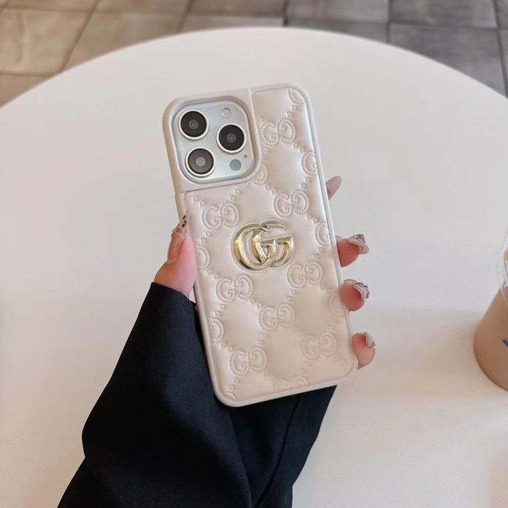 Stamped Gg Leather Iphone Case For 13-17 / Pro / Pro Max
