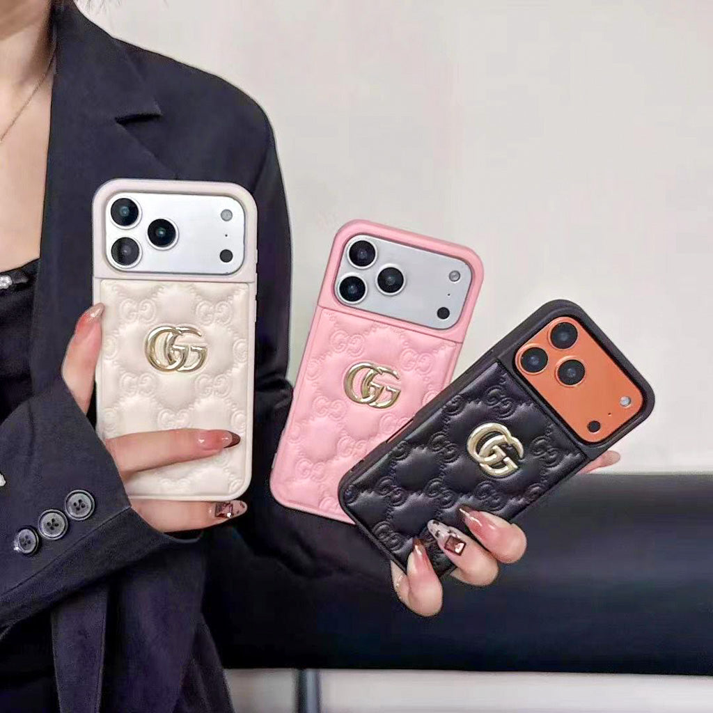 Stamped Gg Leather Iphone Case For 13-17 / Pro / Pro Max