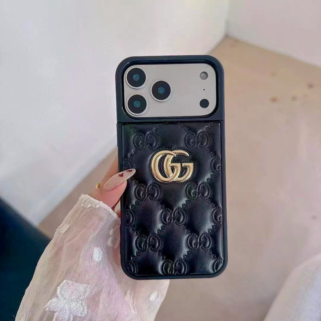 Stamped Gg Leather Iphone Case For 13-17 / Pro / Pro Max