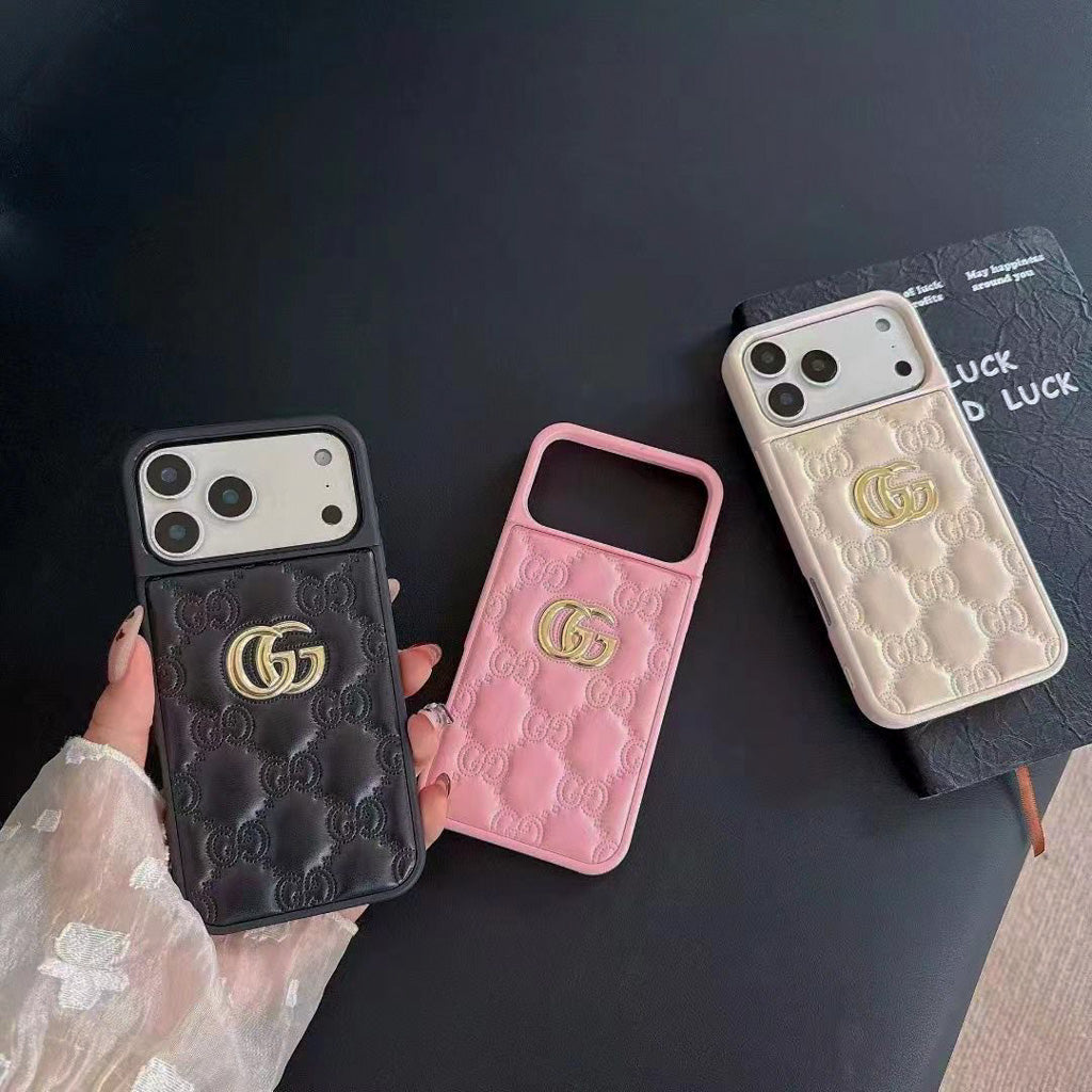 Stamped Gg Leather Iphone Case For 13-17 / Pro / Pro Max
