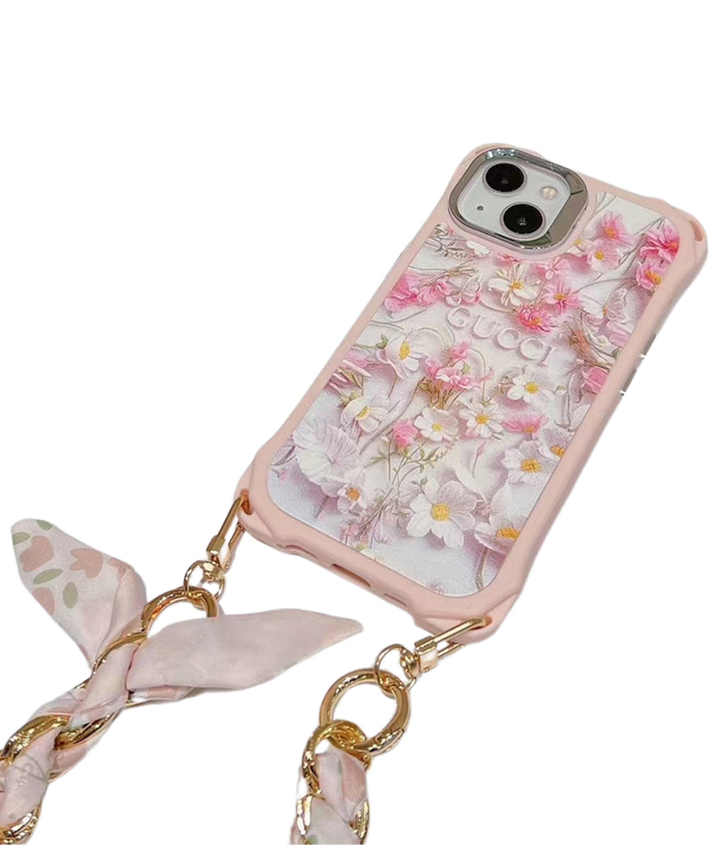 Gg Iphone Case Flower 3D Pattern Silk Chain For Iphone 12 13 14 15 Pro Max Plus