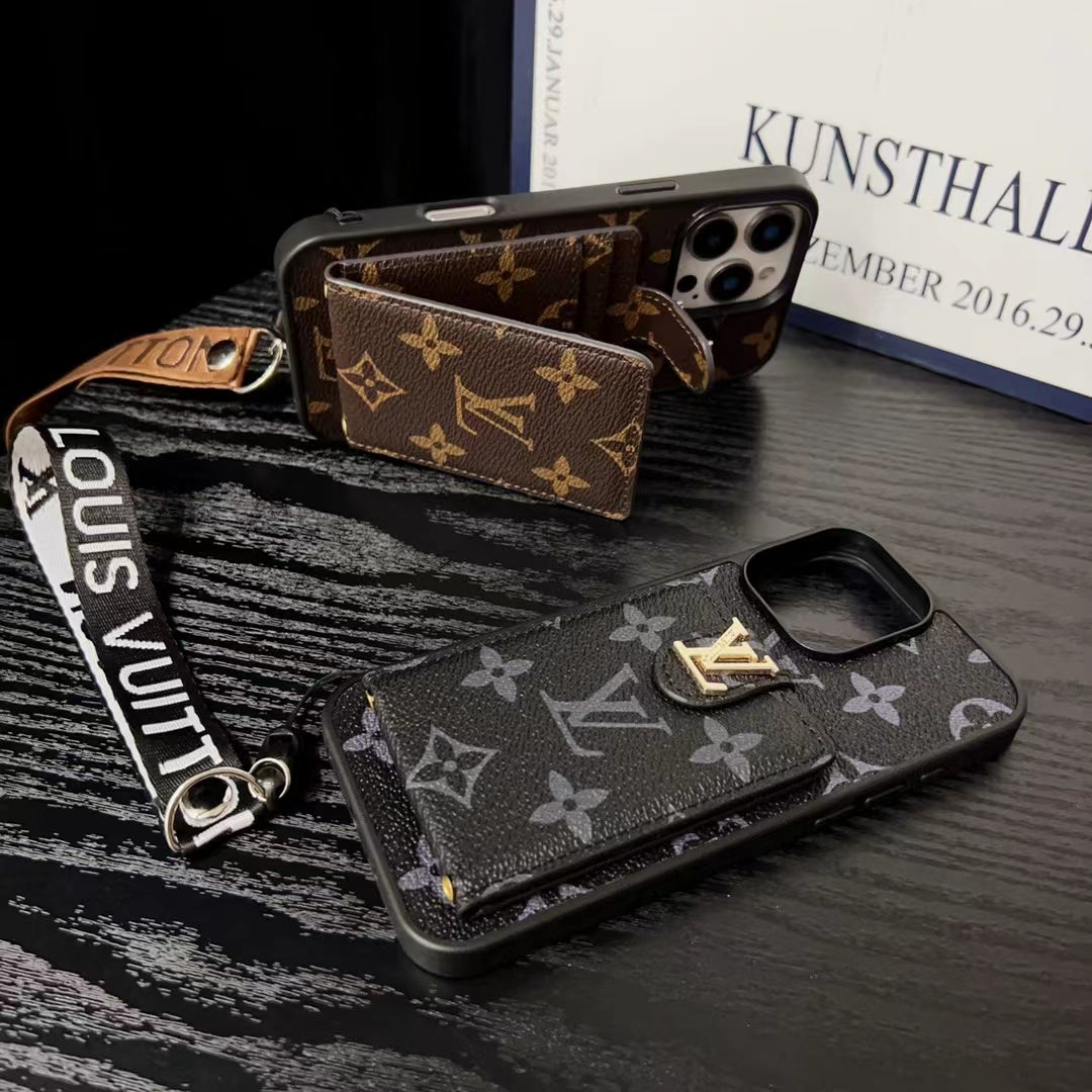 Lv Hand Strap Phone Case Card Holder For Iphone 11 12 13 14 15 16 Pro Max Plus