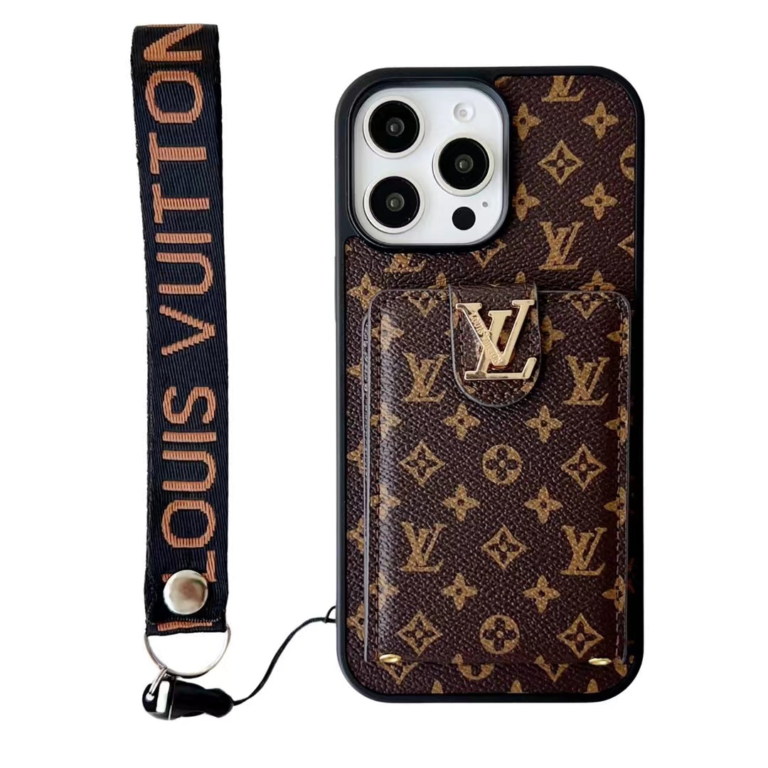 Lv Hand Strap Phone Case Card Holder For Iphone 11 12 13 14 15 16 Pro Max Plus