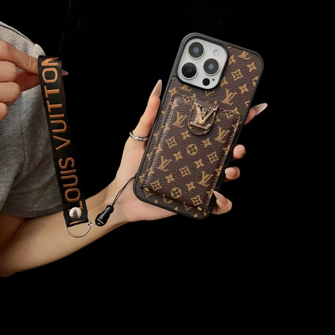 Lv Hand Strap Phone Case Card Holder For Iphone 11 12 13 14 15 16 Pro Max Plus