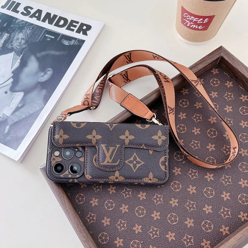 Monogram Leather Crossbody Phone Case Card Holder For Iphone