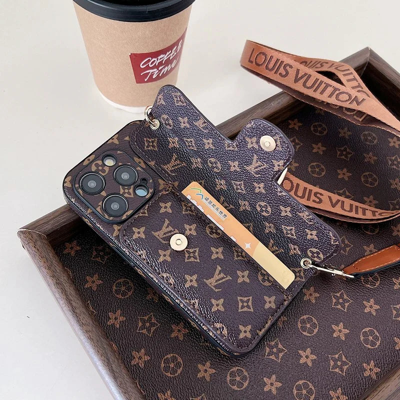 Monogram Leather Crossbody Phone Case Card Holder For Iphone