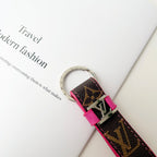 Close-up of pink trim and LV detail on brown strap