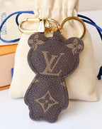Reverse of bear charm showing large brown monogram pattern