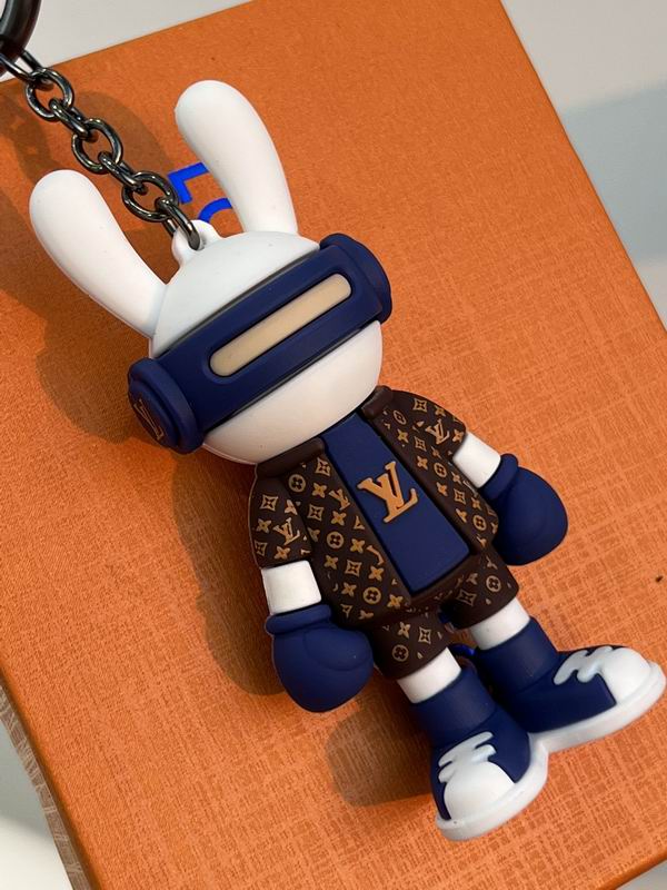 Close-up of blue bunny keychain showing gloves and jacket