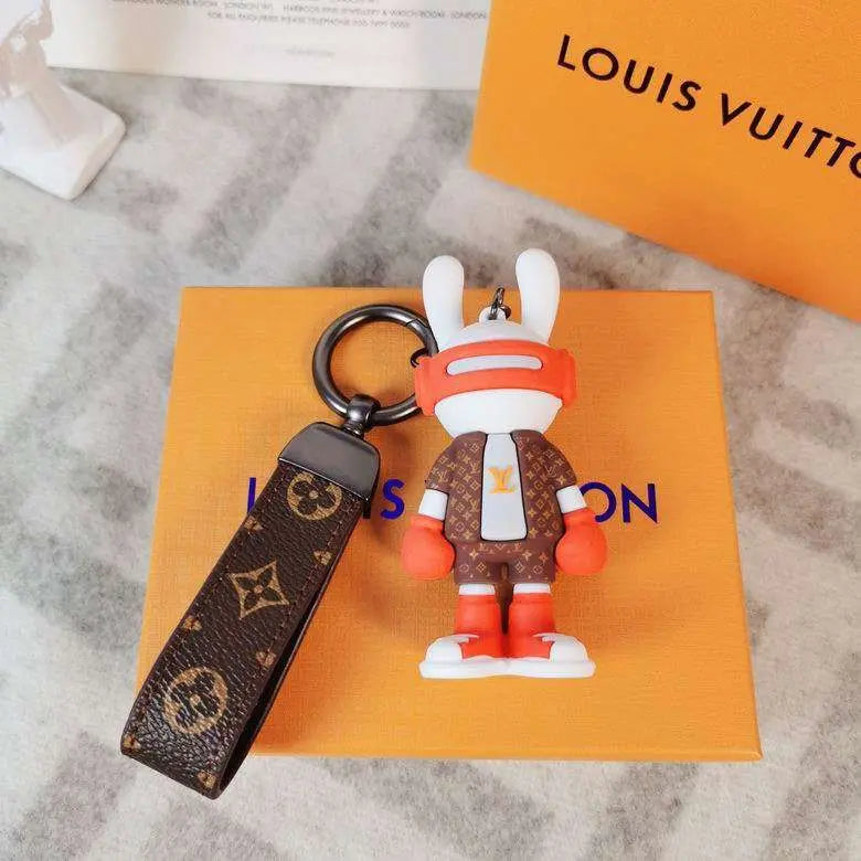 Red bunny boxer keychain with dark ring and monogram strap