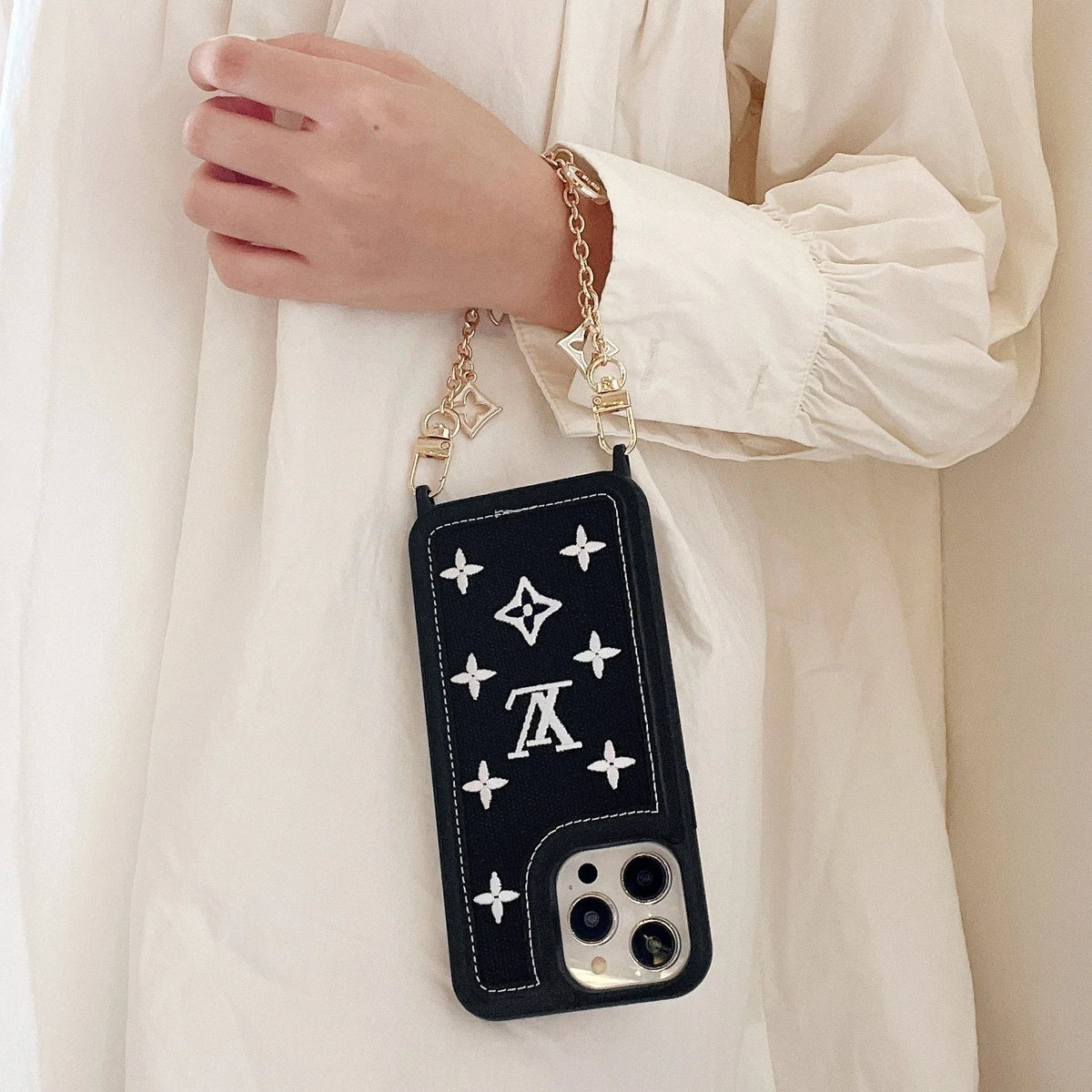 Fabric Leather Crossbody Chain Iphone Case With Ornament Charm