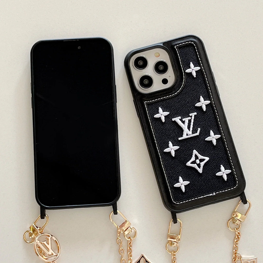 Fabric Leather Crossbody Chain Iphone Case With Ornament Charm