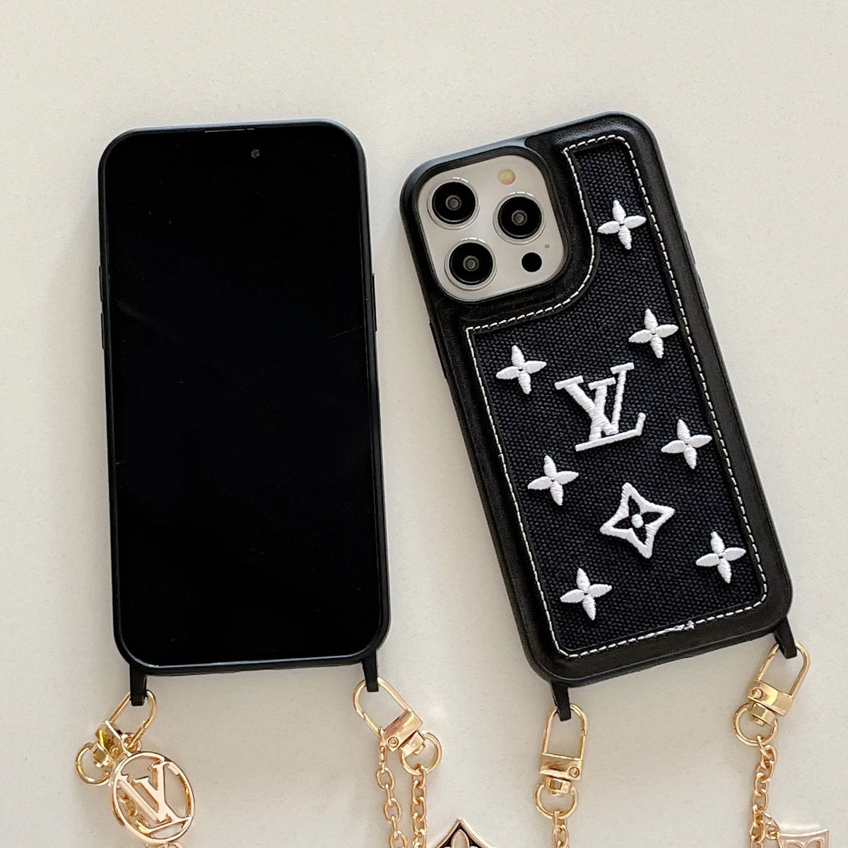 Fabric Leather Crossbody Chain Iphone Case With Ornament Charm