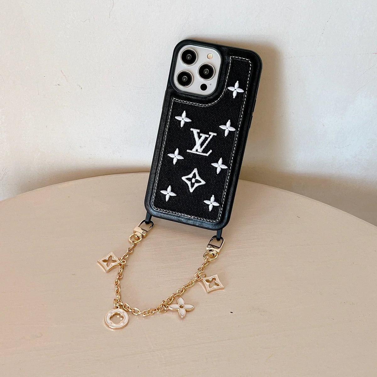 Fabric Leather Crossbody Chain Iphone Case With Ornament Charm