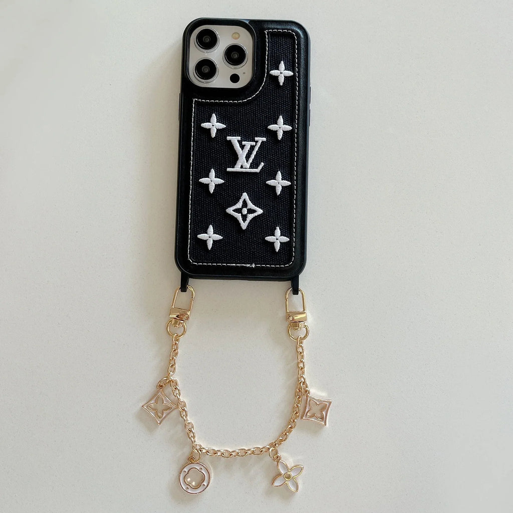 Fabric Leather Crossbody Chain Iphone Case With Ornament Charm