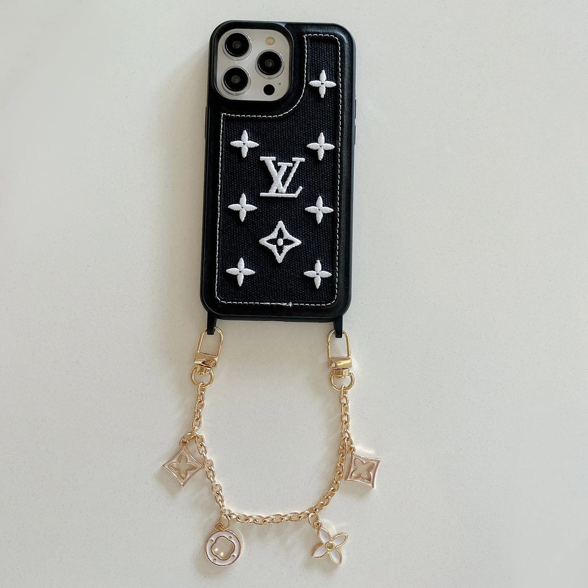 Fabric Leather Crossbody Chain Iphone Case With Ornament Charm