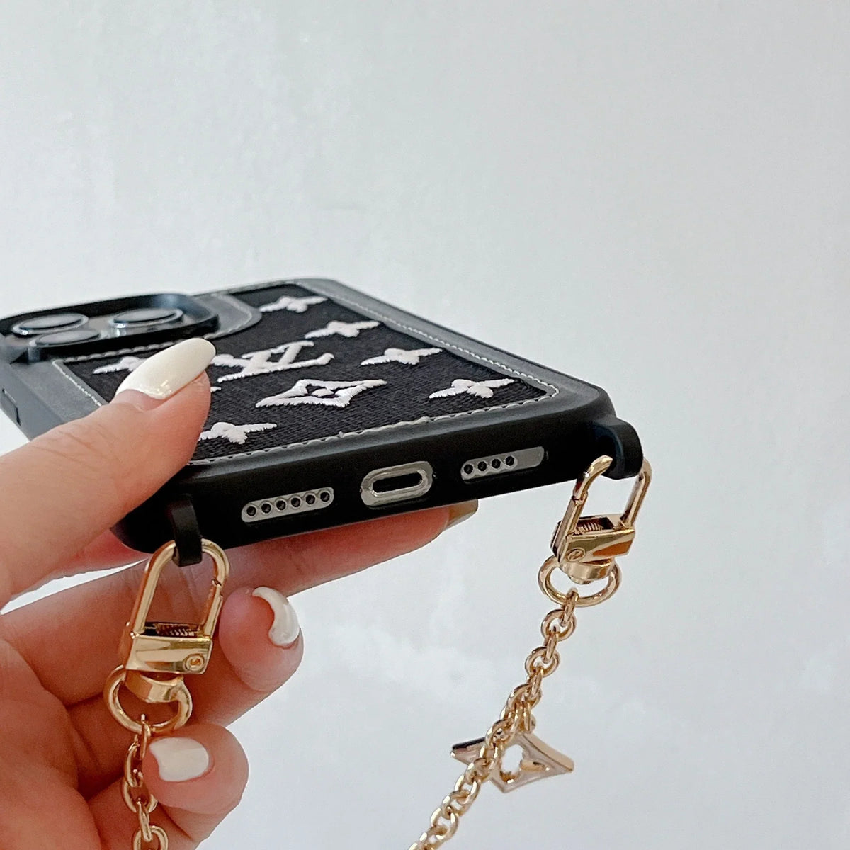 Fabric Leather Crossbody Chain Iphone Case With Ornament Charm