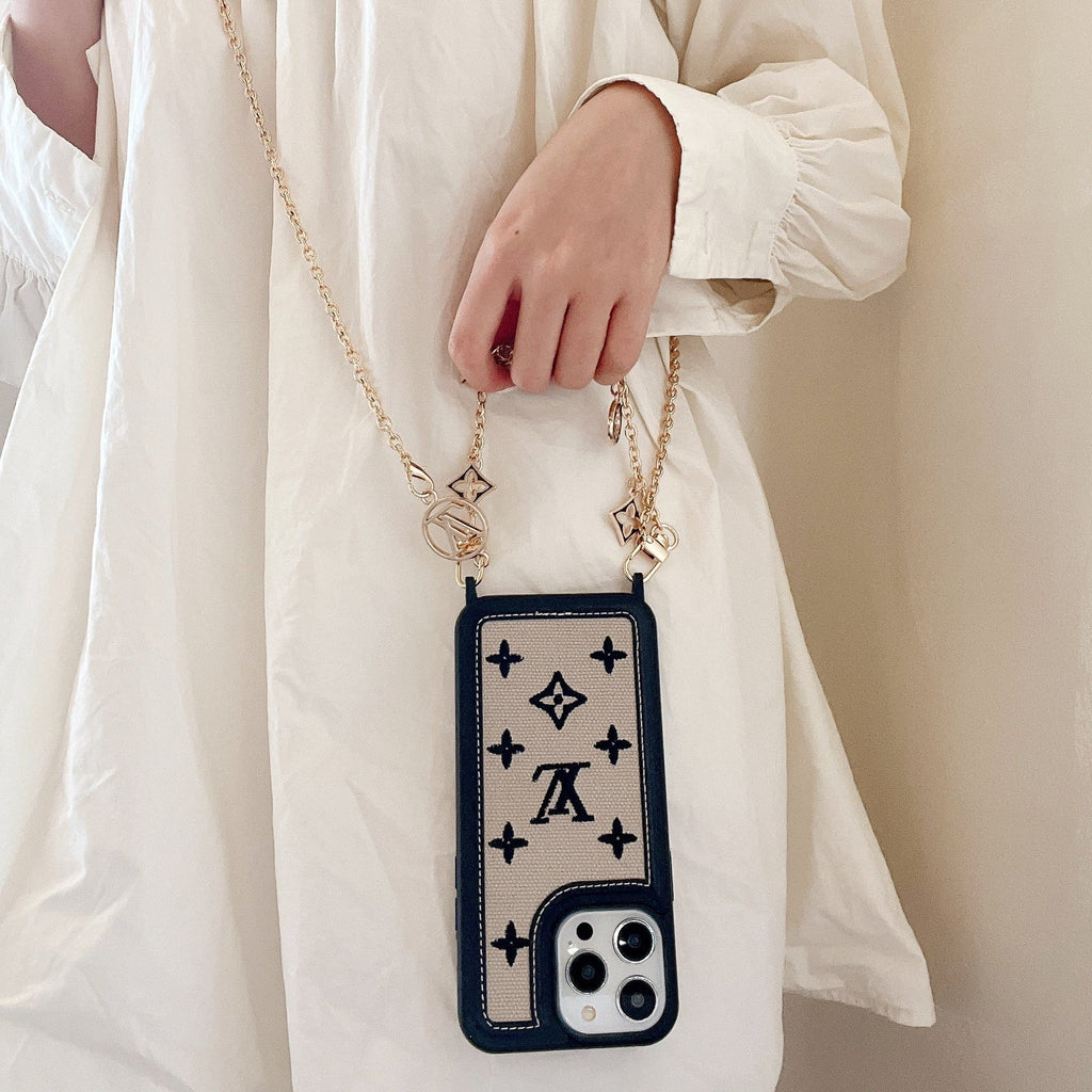 Fabric Leather Crossbody Chain Iphone Case With Ornament Charm