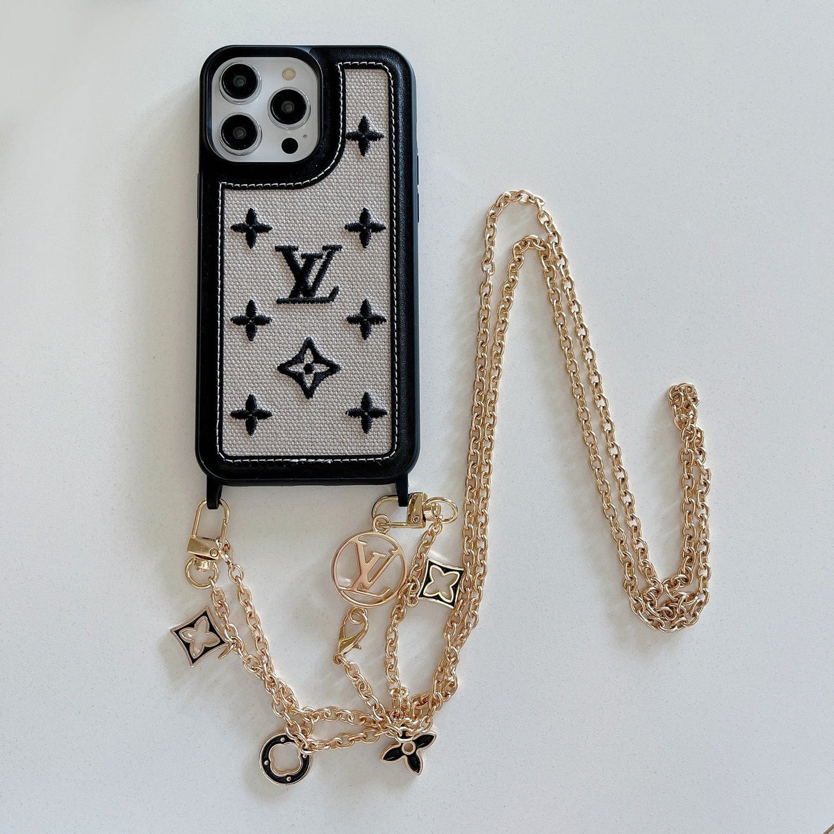 Fabric Leather Crossbody Chain Iphone Case With Ornament Charm