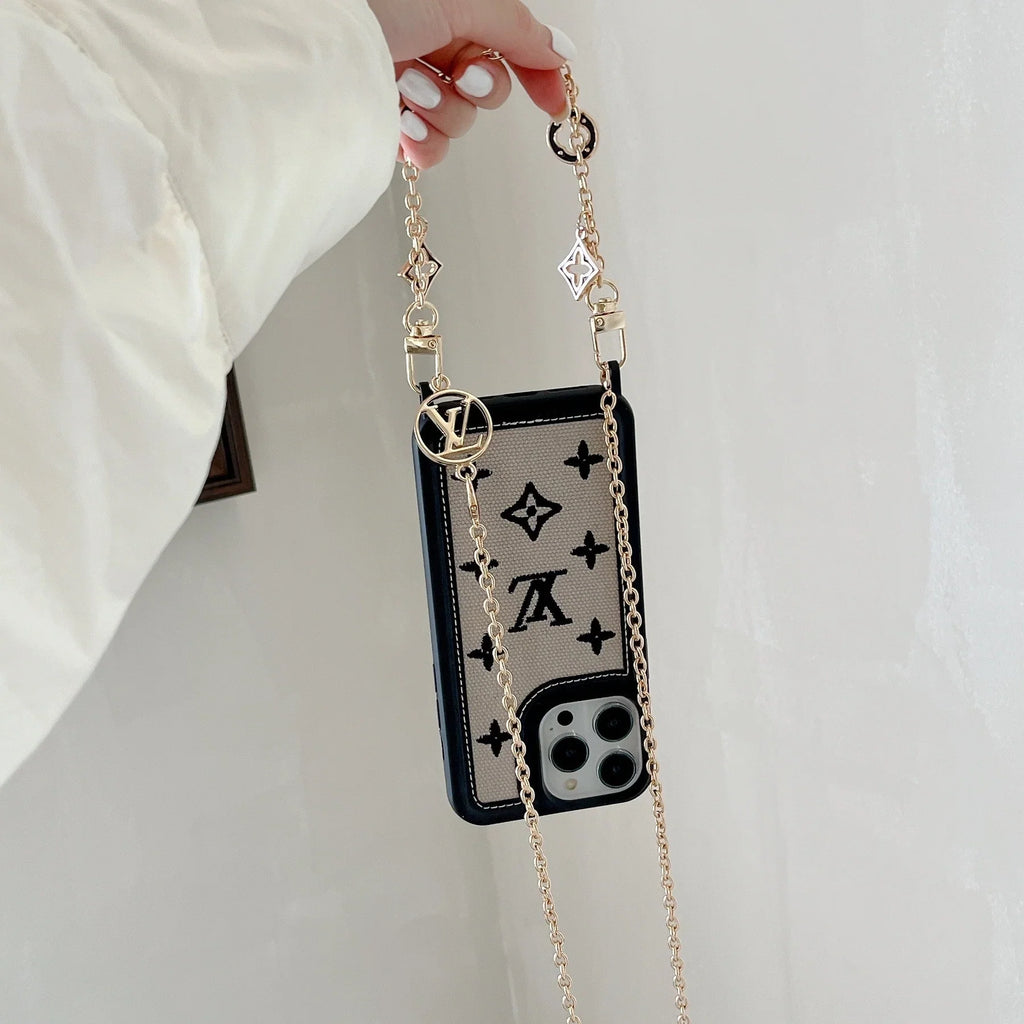 Fabric Leather Crossbody Chain Iphone Case With Ornament Charm
