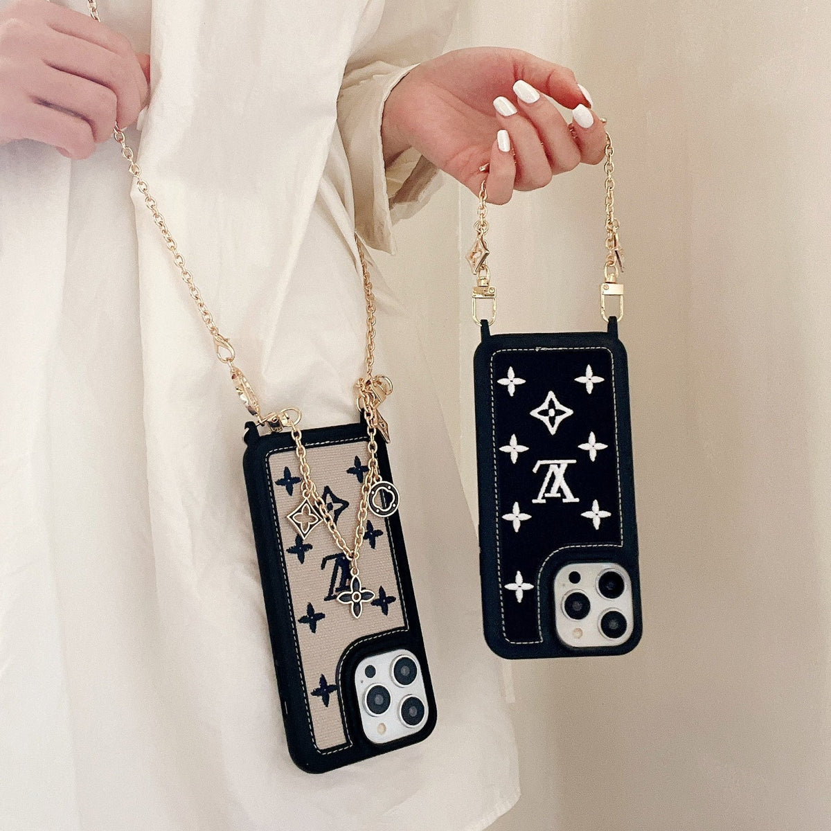 Fabric Leather Crossbody Chain Iphone Case With Ornament Charm