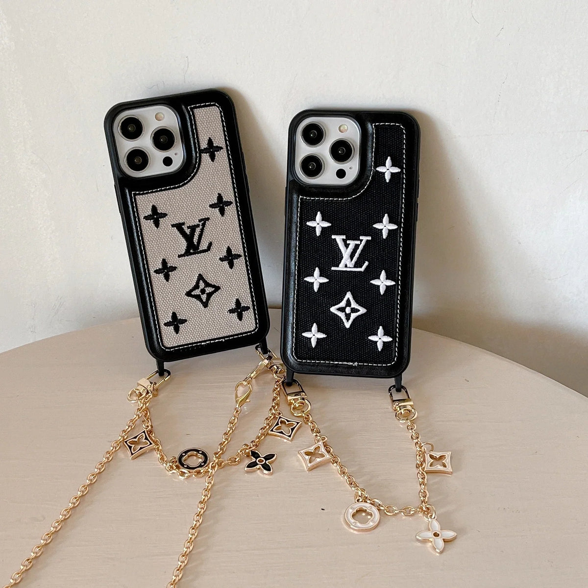 Fabric Leather Crossbody Chain Iphone Case With Ornament Charm